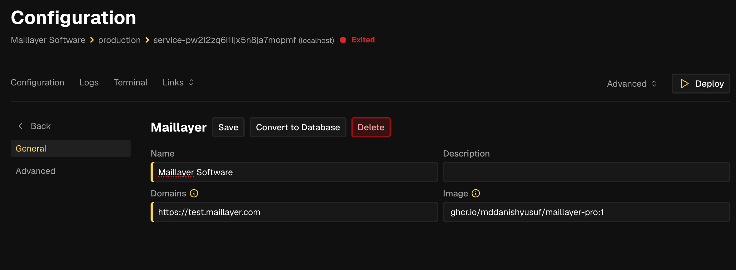 Service configuration page with Domains set to https://mail.example.com