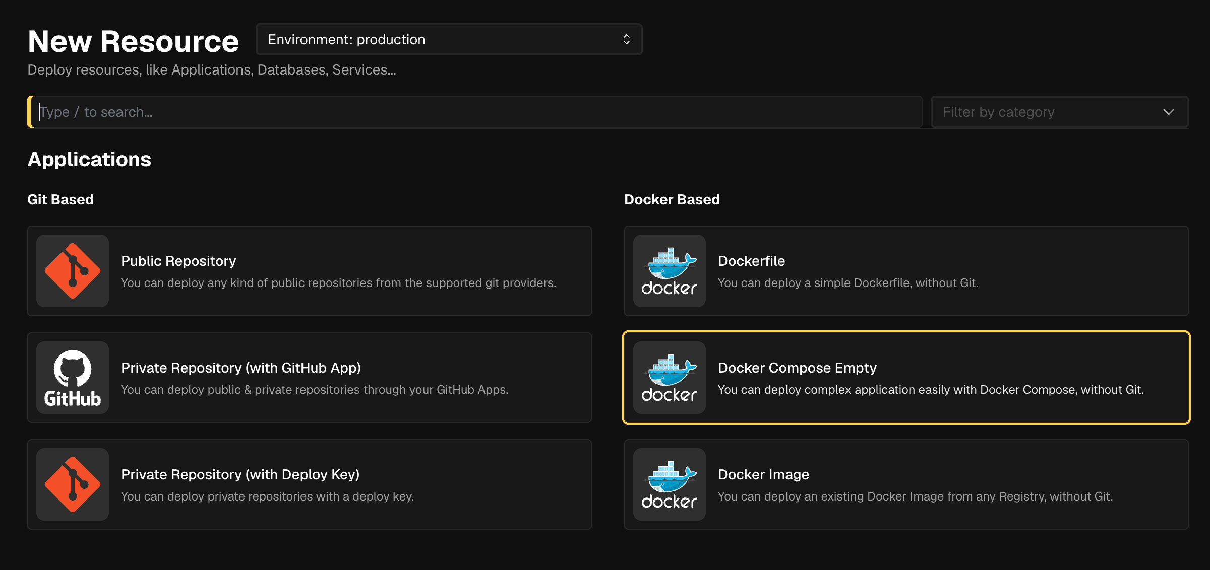 Coolify New Resource page with Docker Compose Empty selected