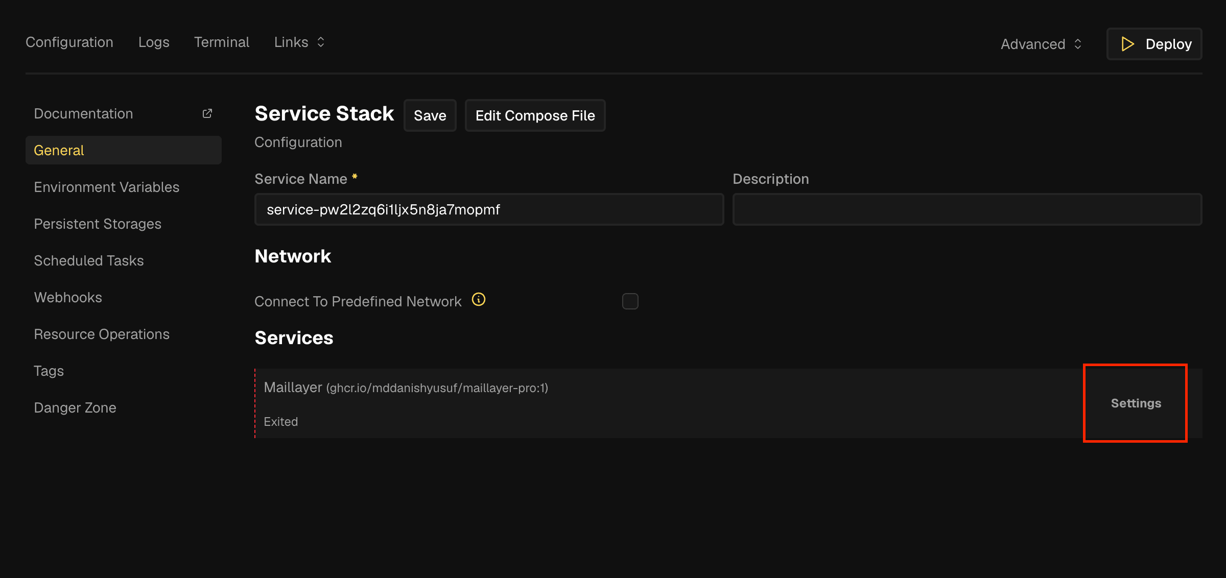 Service Stack page with the Settings button highlighted on the maillayer service