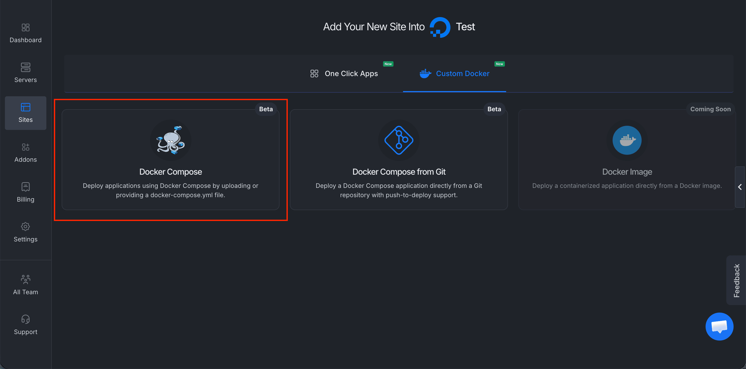 Custom Docker tab with the Docker Compose card selected