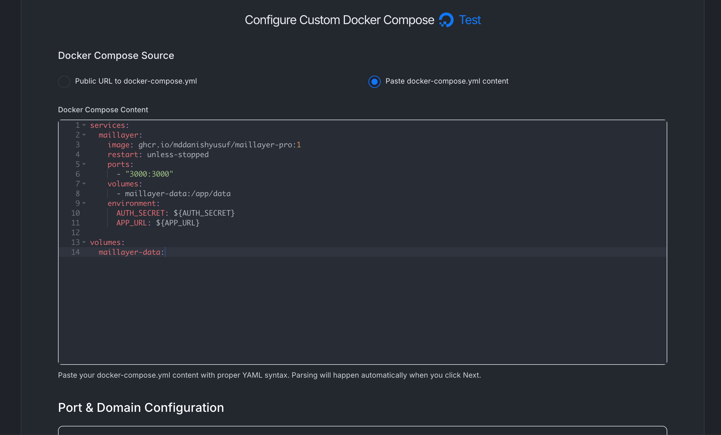 docker-compose.yml pasted into the editor