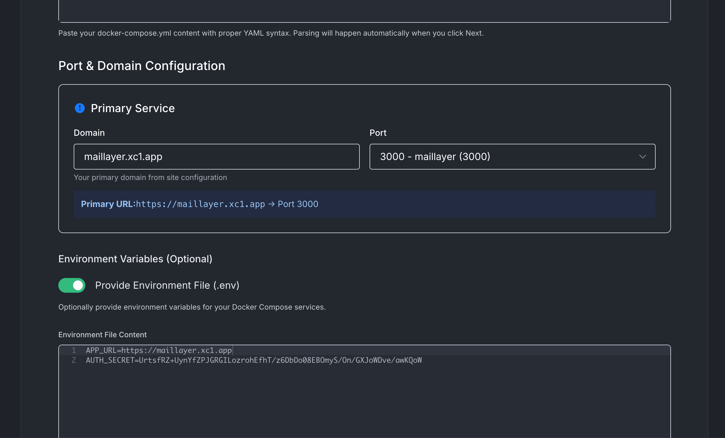 Port 3000 selected and Environment File toggled on