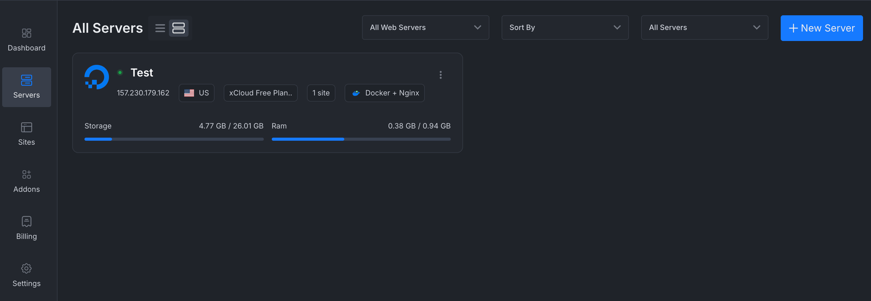 xcloud.host All Servers view with a + New Server button