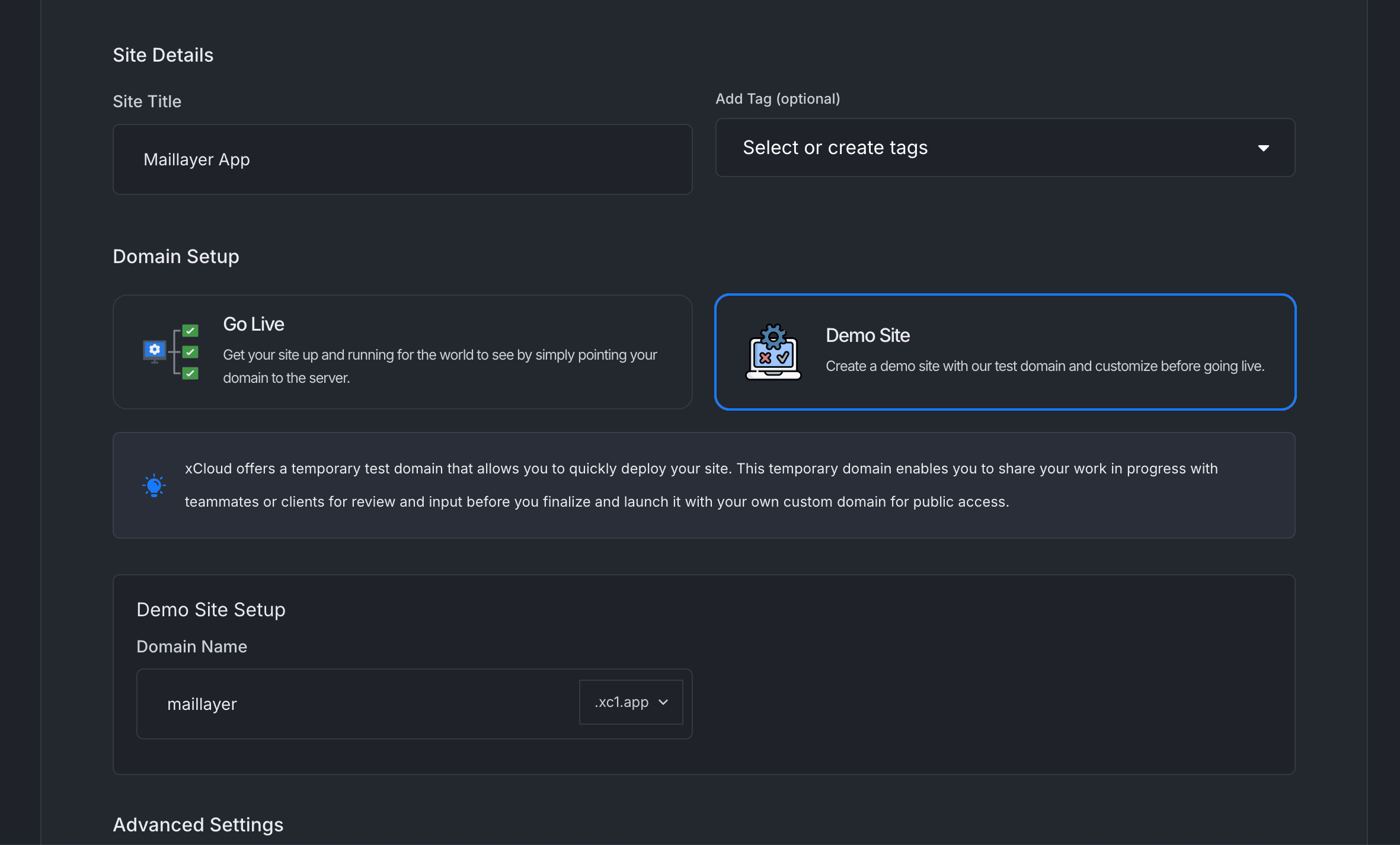 Site Details and Domain Setup form